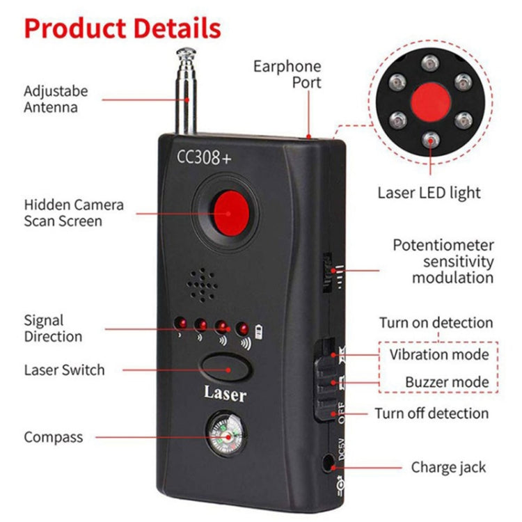 CC308+ Multi-Detector Full-Range All-Round Detector For Hidden Mini Camera / IP Lens/ GMS / RF Signal Detector Finder(Black)