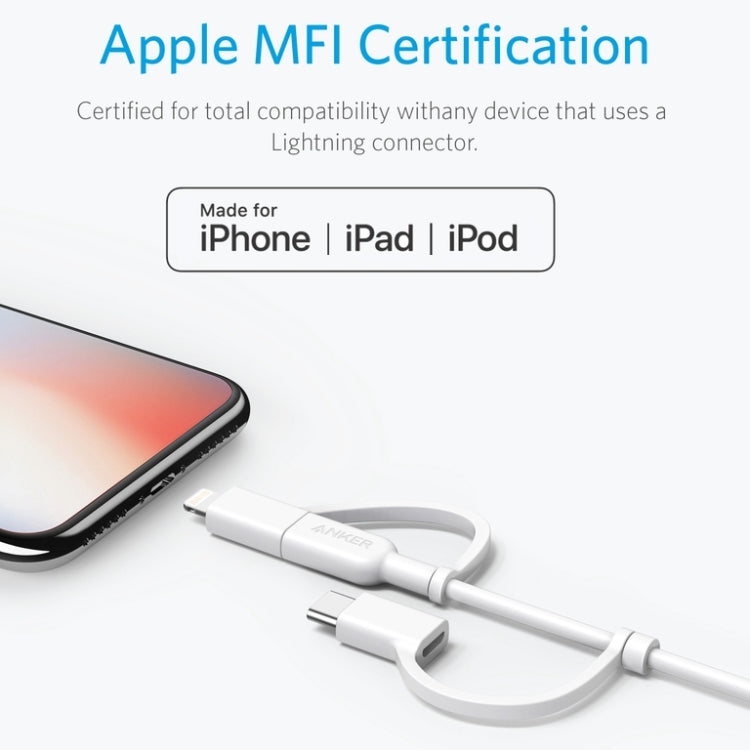 ANKER 3 in 1 8 Pin + Micro USB + USB-C / Type-C Interface MFI Certificated Data Cable(White) - free shipping - PMC Jewellery - Order now!