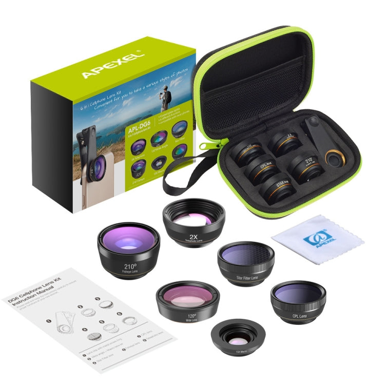 APEXEL APL-DG6V2 6 in 1 Universal External 2X Telephone+210 Degrees Fisheye+15X Macro+120 degree Wide-angle+CPL+Star Filter Lens - Combination Lens by APEXEL | Online Shopping South Africa | PMC TechLife