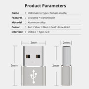 USB-C / Type-C Female to USB 2.0 Male Aluminum Alloy Adapter, Support Charging & Transmission(Silver)