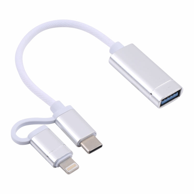 USB 3.0 Female to 8 Pin + USB-C / Type-C Male Charging + Transmission OTG Nylon Braided Adapter Cable, Cable Length: 11cm(Silver + White) - Converter & Adapter by PMC TechLife | Online Shopping South Africa | PMC TechLife