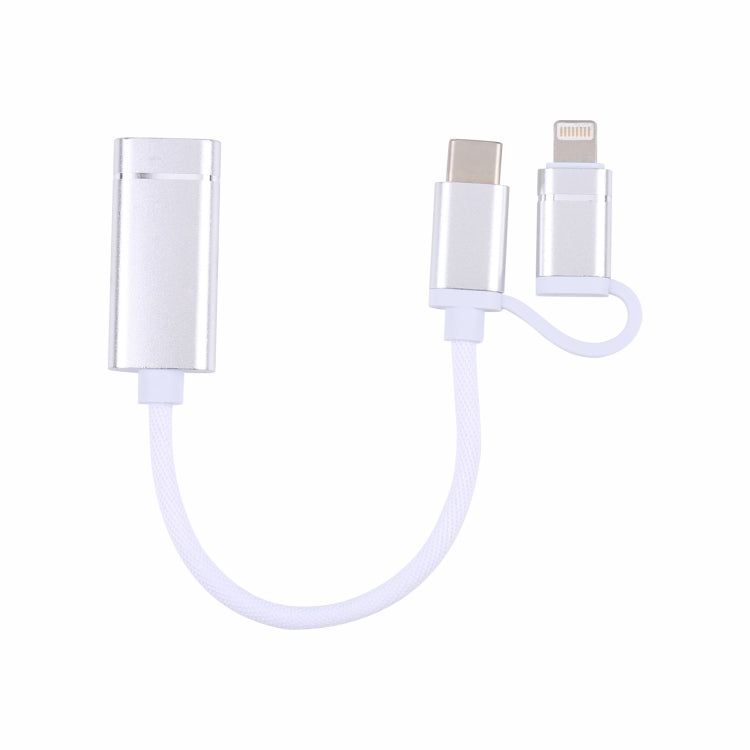 USB 3.0 Female to 8 Pin + USB-C / Type-C Male Charging + Transmission OTG Nylon Braided Adapter Cable, Cable Length: 11cm(Silver + White) - Converter & Adapter by PMC TechLife | Online Shopping South Africa | PMC TechLife