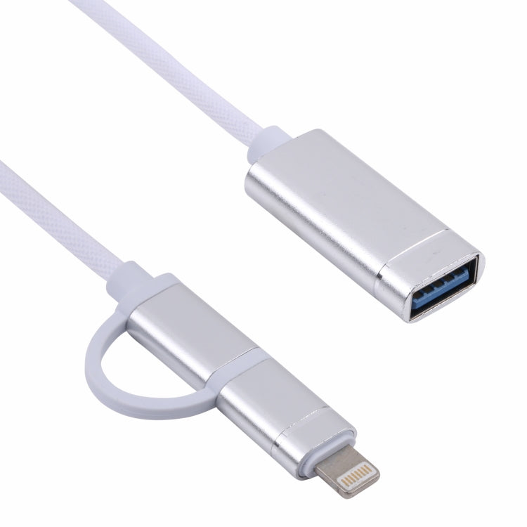 USB 3.0 Female to 8 Pin + USB-C / Type-C Male Charging + Transmission OTG Nylon Braided Adapter Cable, Cable Length: 11cm(Silver + White) - Converter & Adapter by PMC TechLife | Online Shopping South Africa | PMC TechLife