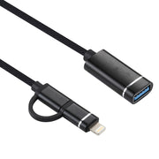 USB 3.0 Female to 8 Pin + USB-C / Type-C Male Charging + Transmission OTG Nylon Braided Adapter Cable, Cable Length: 11cm(Black)