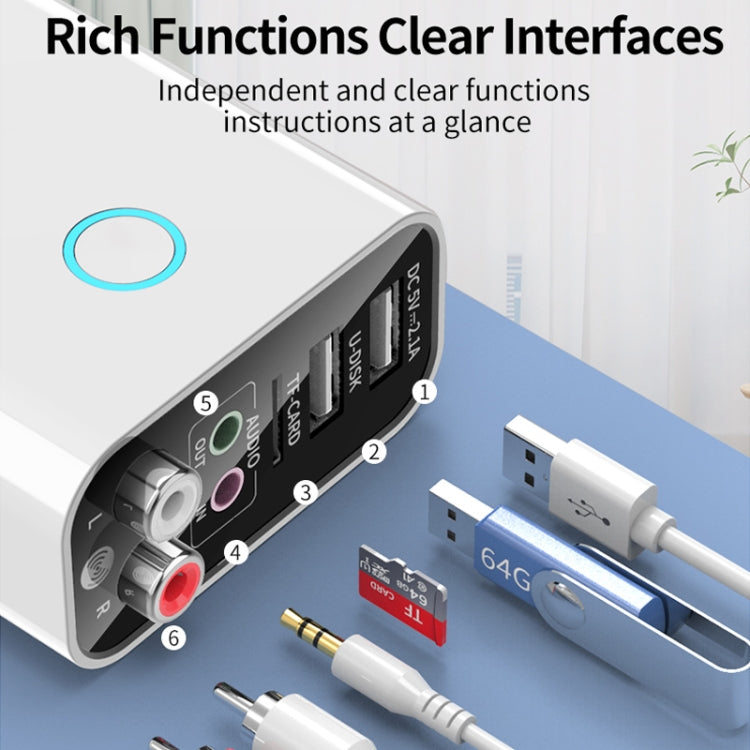K16 2 in 1 3.5mm AUX + RAC Dual Output Plug-in Bluetooth 5.0 Audio Transmitter Receiver with Remote Control, CN Plug (White)