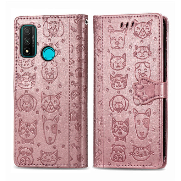 For Huawei P Smart 2020 Lovely Cat and Dog Embossing Pattern Horizontal Flip Leather Case , with Holder & Card Slots & Wallet & Cartoon Clasp & Lanyard(Rose Gold)