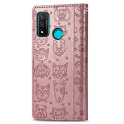 For Huawei P Smart 2020 Lovely Cat and Dog Embossing Pattern Horizontal Flip Leather Case , with Holder & Card Slots & Wallet & Cartoon Clasp & Lanyard(Rose Gold)