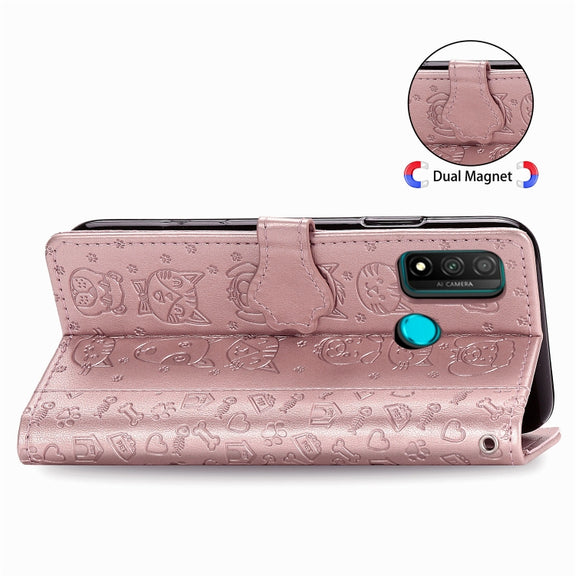 For Huawei P Smart 2020 Lovely Cat and Dog Embossing Pattern Horizontal Flip Leather Case , with Holder & Card Slots & Wallet & Cartoon Clasp & Lanyard(Rose Gold)