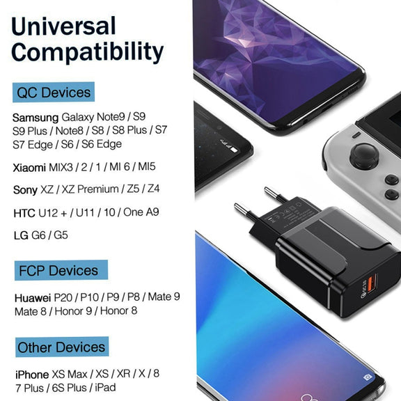 Portable QC3.0 18W USB Port Universal Quick Charging Charger, US Plug(Black)