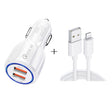 Qc3.0 Dual USB Car Charger + 8 Pin Fast Charging Line Car Charging Kit(White) - Car Charger by PMC TechLife | Online Shopping South Africa | PMC TechLife