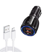 Qc3.0 Dual USB Car Charger + 8 Pin Fast Charging Line Car Charging Kit(White)