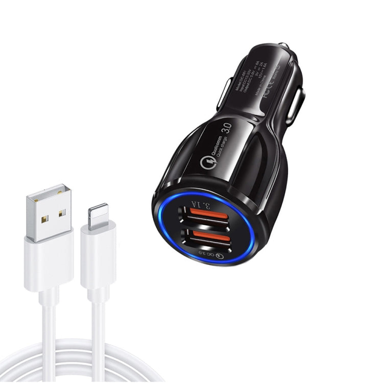 Qc3.0 Dual USB Car Charger + 8 Pin Fast Charging Line Car Charging Kit(White)