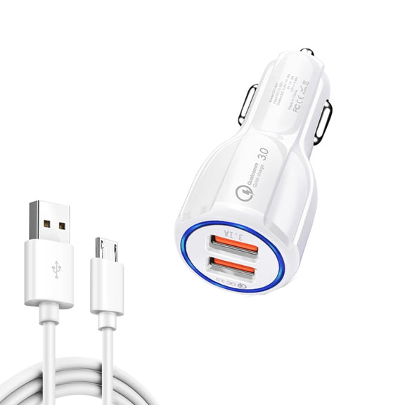 Qc3.0 Dual USB Car Charger + Micro USB Fast Charging Cable Car Charging Kit(White)