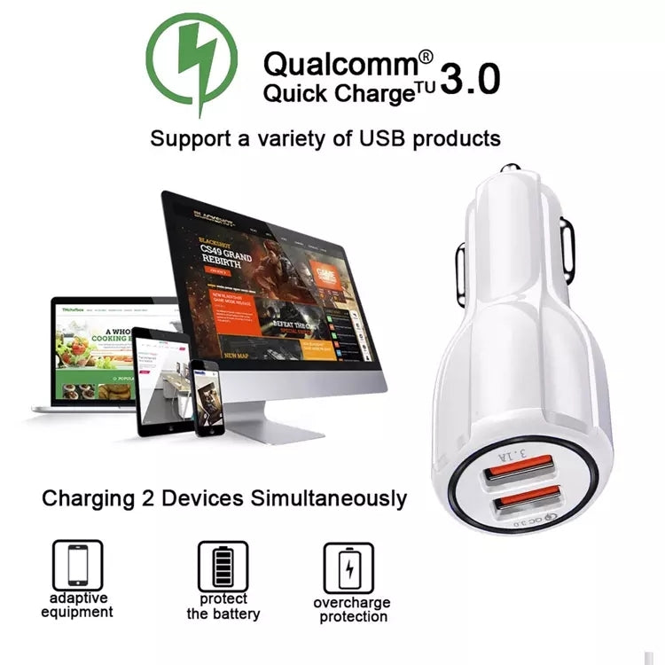 LZ-681 QC3.0 Dual USB Car Charging + Type-C Fast Charging Cable Car Charging Kit(White) - Car Charger by PMC TechLife | Online Shopping South Africa | PMC TechLife