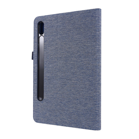 For Samsung Galaxy Tab S8 / Galaxy Tab S7 T870/T875 Horizontal Flip TPU + Fabric PU Leather Protective Case with Card Slots & Holder(DeepBlue)