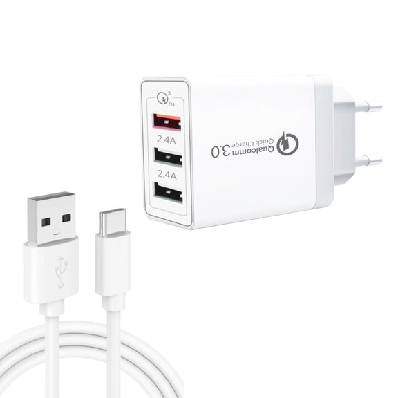 SDC-30W 2 in 1 USB to USB-C / Type-C Data Cable + 30W QC 3.0 USB + 2.4A Dual USB 2.0 Ports Mobile Phone Tablet PC Universal Quick Charger Travel Charger Set, EU Plug