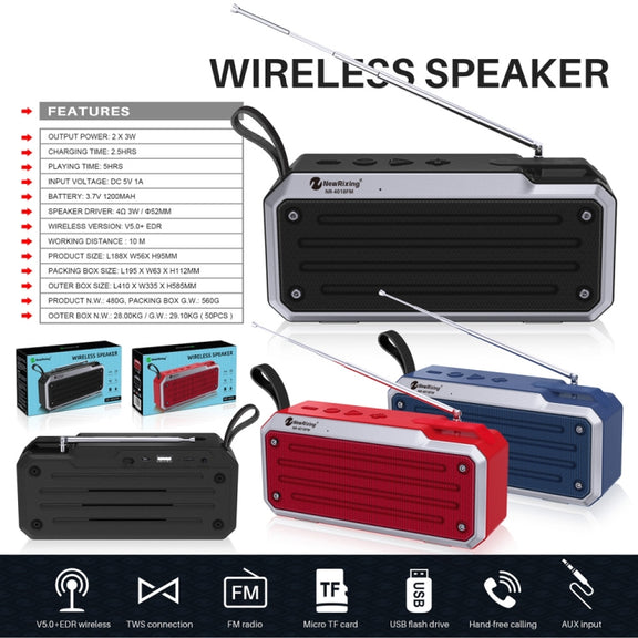 NewRixing NR4018FM TWS Portable Stereo Bluetooth Speaker, Support TF Card / FM / 3.5mm AUX / U Disk / Hands-free Call(Black)