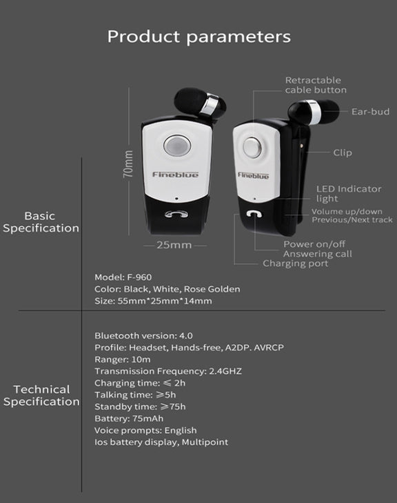 Fineblue F960 CSR4.1 Retractable Cable Caller Vibration Reminder Anti-theft Bluetooth Headset
