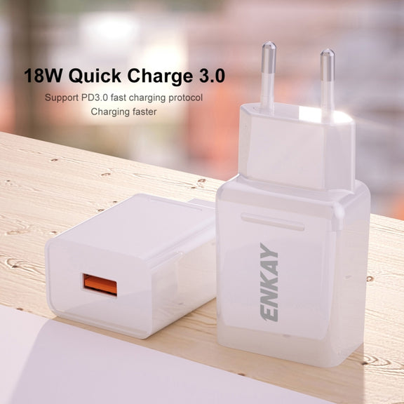 ENKAY Hat-Prince T033 18W 3A QC3.0 Fast Charging Power Adapter EU Plug Portable Travel Charger With 3A 1m 8 Pin Cable
