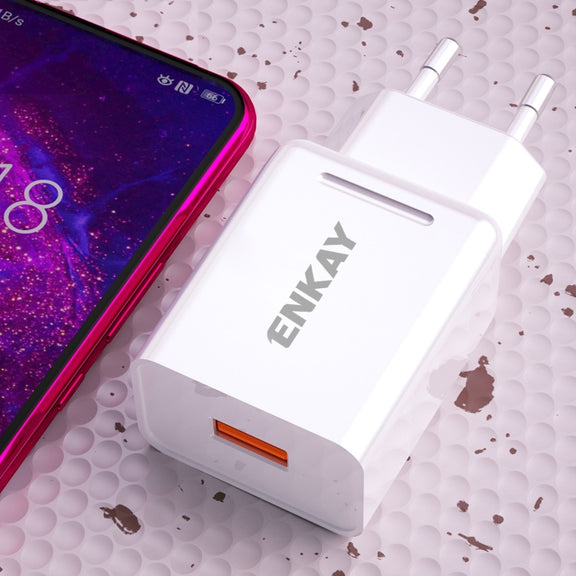 ENKAY Hat-Prince T033 18W 3A QC3.0 Fast Charging Power Adapter EU Plug Portable Travel Charger With 3A 1m 8 Pin Cable