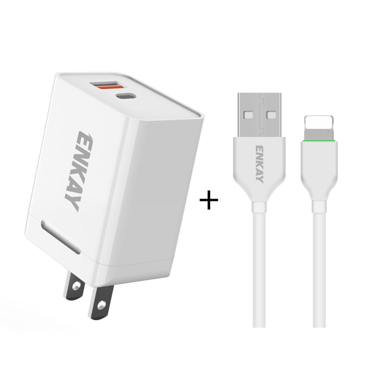 ENKAY Hat-Prince U033 18W 3A PD + QC3.0 Dual USB Fast Charging Power Adapter US Plug Portable Travel Charger With 1m 3A 8 Pin Cable - USB Charger by ENKAY | Online Shopping South Africa | PMC TechLife | Buy Now Pay Later Mobicred