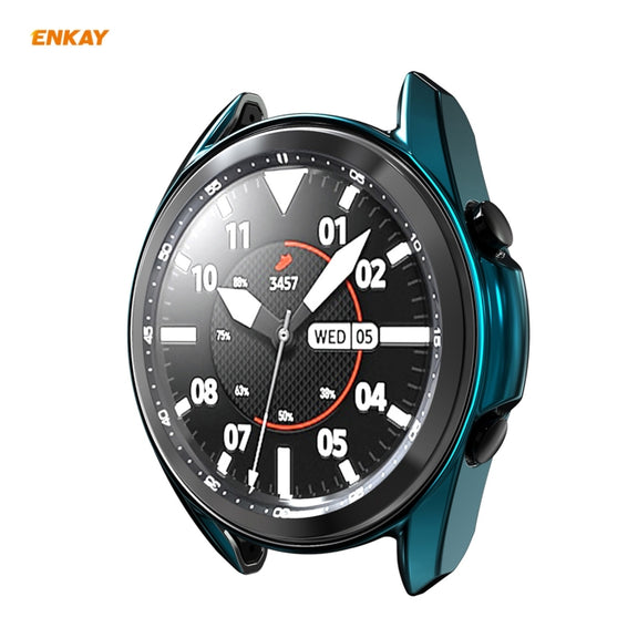 For Samsung Galaxy Watch 3 45mm 2 in 1 ENKAY Hat-Prince Electroplate Soft TPU Case + 0.2mm 9H 2.15D Curved Edge Tempered Glass Film(Cyan)