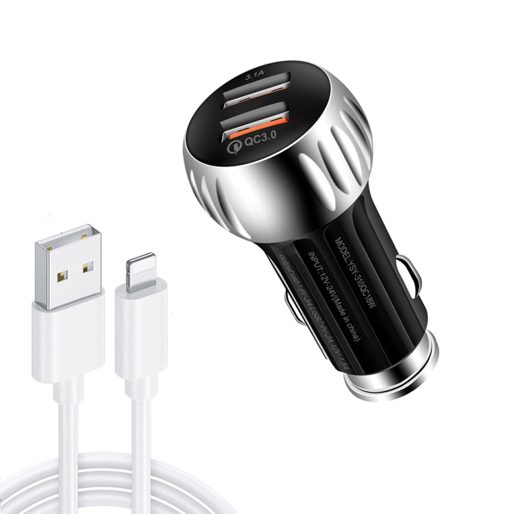 YSY-310QC18W QC3.0 Dual Port USB Car Charger + 3A USB to 8 Pin Data Cable, Cable Length: 1m(Black) - Car Charger by PMC TechLife | Online Shopping South Africa | PMC TechLife