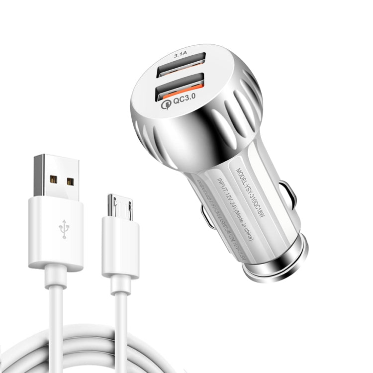 YSY-310QC18W QC3.0 Dual Port USB Car Charger + 3A USB to Micro USB Data Cable, Cable Length: 1m(White) - Car Charger by PMC TechLife | Online Shopping South Africa | PMC TechLife