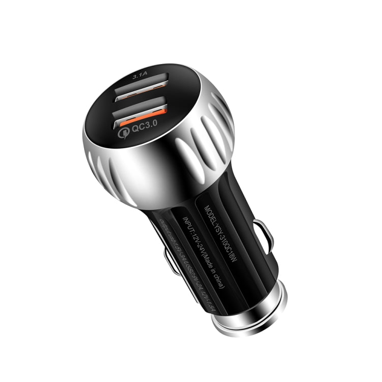 YSY-310QC18W QC3.0 Dual Port USB Car Charger + 3A USB to USB-C / Type-C Data Cable, Cable Length: 1m(Black)