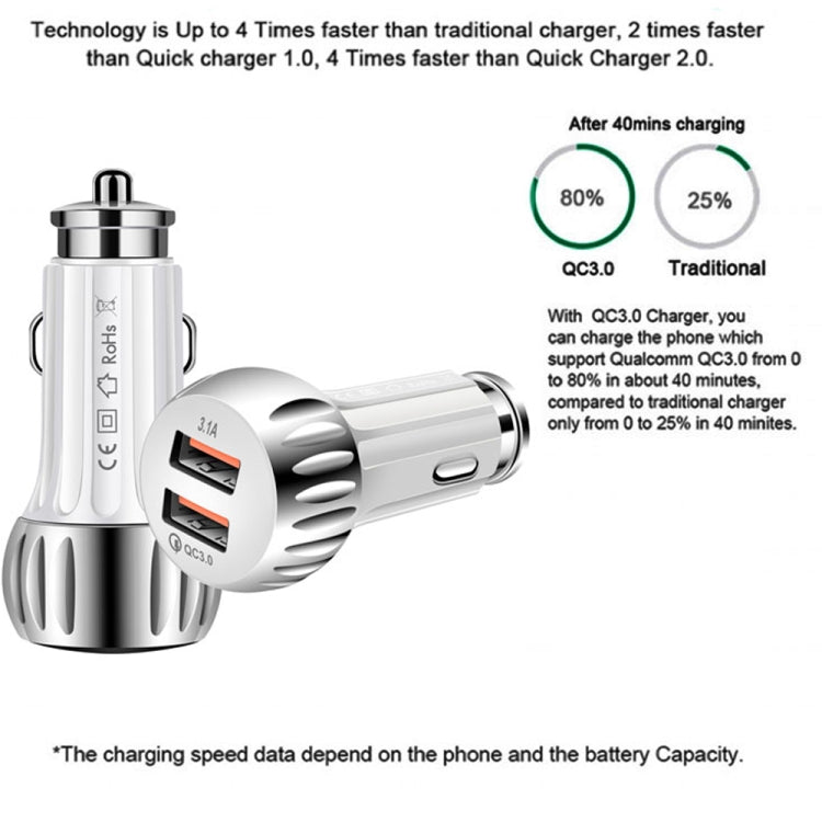 YSY-310QC18W QC3.0 Dual Port USB Car Charger + 3A USB to USB-C / Type-C Data Cable, Cable Length: 1m(Black)