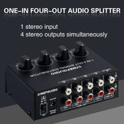1-In 4-Out Front Stereo Signal Amplifier, Independent Output Volume Adjustment RCA Interface No Loss  Allocator, US Plug