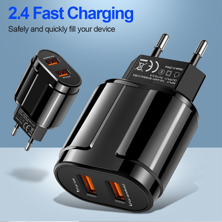 Dual USB Portable Travel Charger + 1 Meter USB to Micro USB Data Cable, EU Plug(Black)