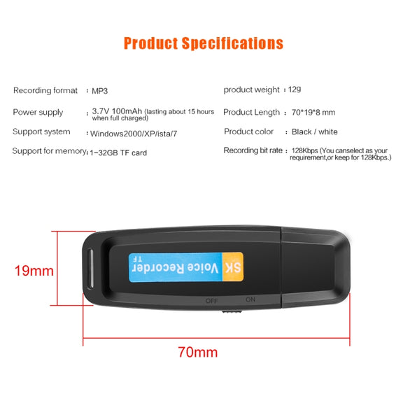 SK001 Professional Rechargeable U-Disk Portable USB Digital Audio Voice Recorder Pen Support TF Card Up to 32GB Dictaphone Flash Drive(Black)