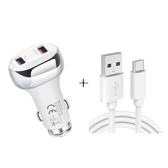 YSY-312 2 in 1 18W Portable QC3.0 Dual USB Car Charger + 1m 3A USB to USB-C / Type-C Data Cable Set(White)