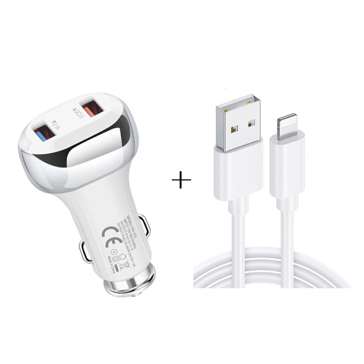 YSY-312 2 in 1 18W Portable QC3.0 Dual USB Car Charger + 1m 3A USB to 8 Pin Data Cable Set(White) - Car Charger by PMC TechLife | Online Shopping South Africa | PMC TechLife