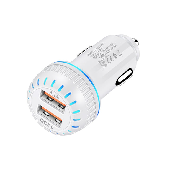YSY-349 QC3.0 Dual USB Port Car Charger + 1m 3A USB to Micro USB Data Cable(White)