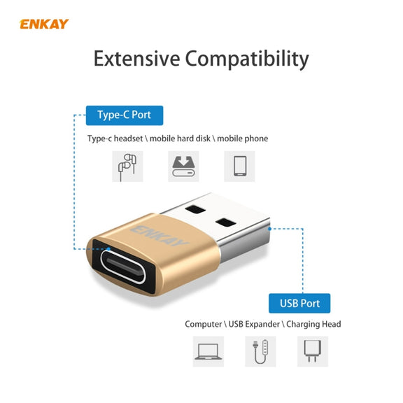 ENKAY ENK-AT105 USB Male to USB-C / Type-C Female Aluminium Alloy Adapter Converter, Support Quick Charging & Data Transmission(Gold)