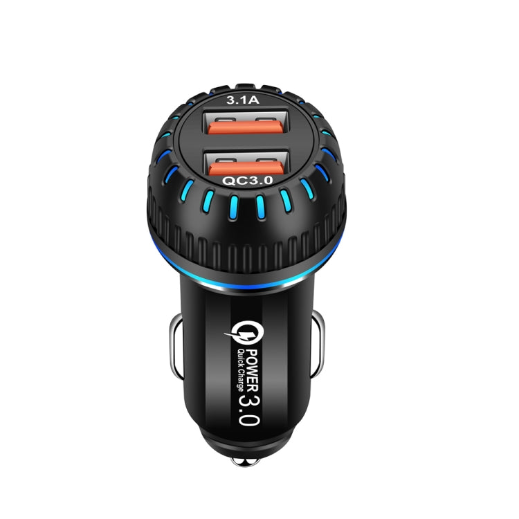 YSY-349 QC3.0 Dual Port USB Car Charger + 3A USB to USB-C / Type-C Data Cable, Length: 1m(Black)