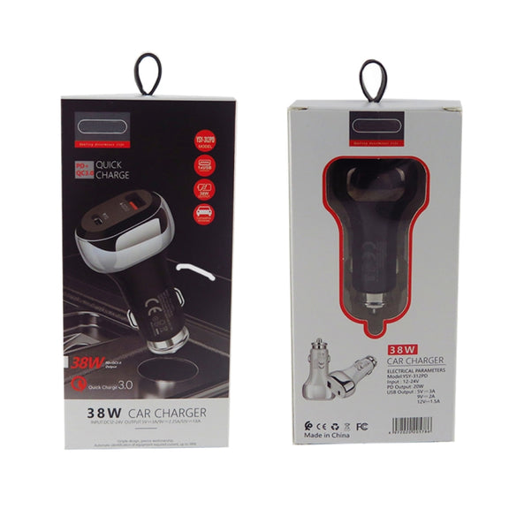 YSY-312PD QC3.0 18W USB + PD 20W USB-C / Type-C Car Charger with USB to USB-C / Type-C Data Cable(Black)