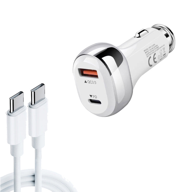 YSY-312PD QC3.0 18W USB + PD 20W USB-C / Type-C Car Charger with Type-C to Type-C Data Cable(White) - Car Charger by PMC TechLife | Online Shopping South Africa | PMC TechLife