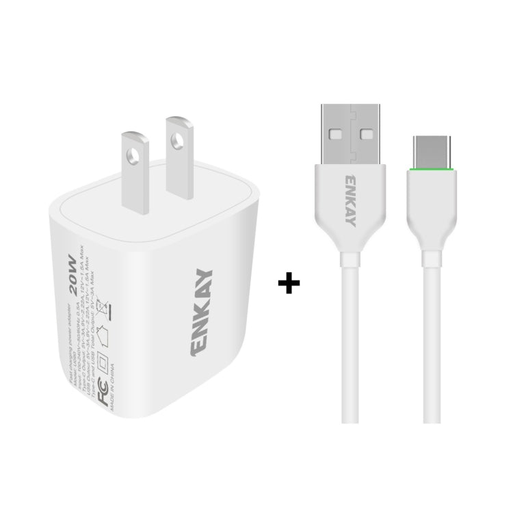 ENKAY Hat-Prince 20W PD Type-C + QC 3.0 USB Fast Charging Travel Charger Power Adapter with Fast Charge Data Cable, US Plug(With Type-C Cable) - free shipping - PMC TechLife - Order now!