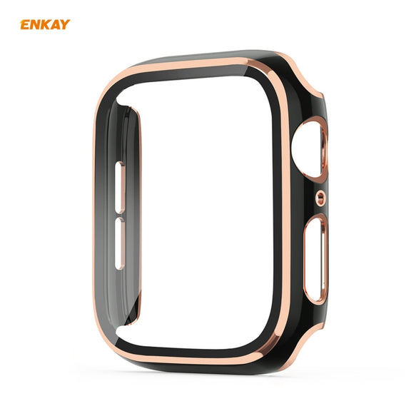 ENKAY Hat-Prince Full Coverage Electroplated PC Case + Tempered Glass Protector for Apple Watch Series 6 / 5 / 4 / SE 44mm(Black+Champagne)