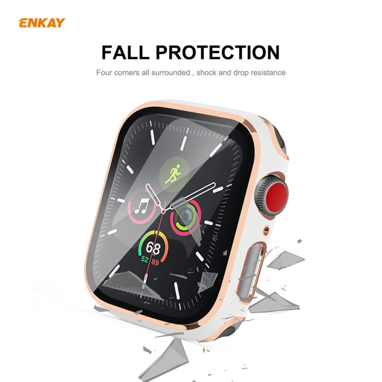 ENKAY Hat-Prince Full Coverage Electroplated PC Case + Tempered Glass Protector for Apple Watch Series 6 / 5 / 4 / SE 44mm(White+Champagne) - Watch Cases by ENKAY | Online Shopping South Africa | PMC TechLife | Buy Now Pay Later Mobicred