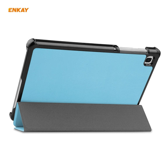 ENKAY PU Leather + Plastic Case with Three-folding Holder for Samsung Galaxy Tab A7 Lite T220 / T225(Light Blue)