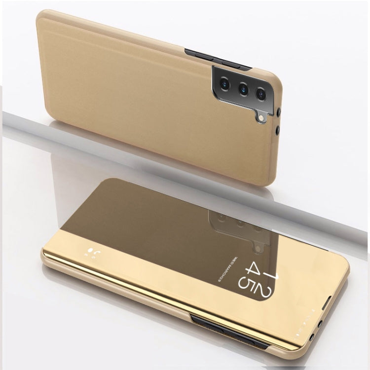 For Samsung Galaxy S21 FE Plated Mirror Horizontal Flip Leather Case with Holder(Gold) - Galaxy Phone Cases by PMC TechLife | Online Shopping South Africa | PMC TechLife