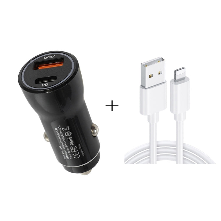 P21 PD 20W USB-C / Type-C + QC3.0 18W USB Fast Car Charger with USB to 8 Pin Data Cable Set(Black) - Car Charger by PMC TechLife | Online Shopping South Africa | PMC TechLife