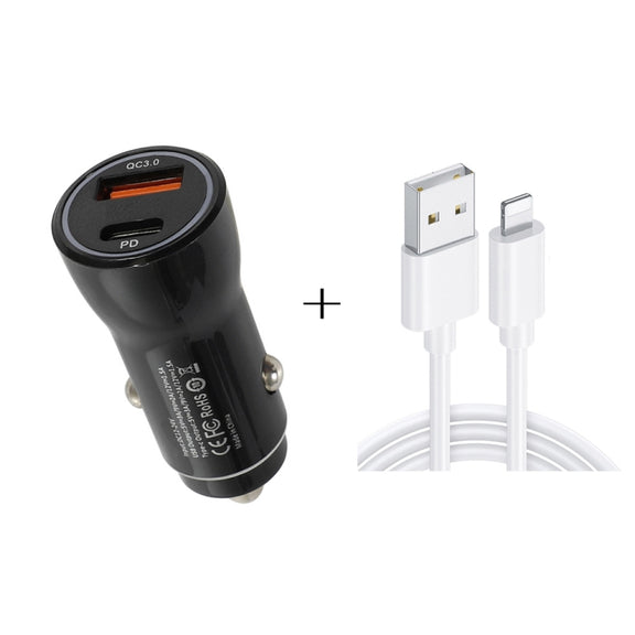 P21 PD 20W USB-C / Type-C + QC3.0 18W USB Fast Car Charger with USB to 8 Pin Data Cable Set(Black)