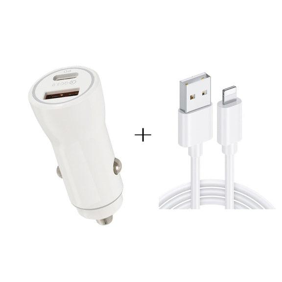 P21 PD 20W USB-C / Type-C + QC3.0 18W USB Fast Car Charger with USB to 8 Pin Data Cable Set(White)