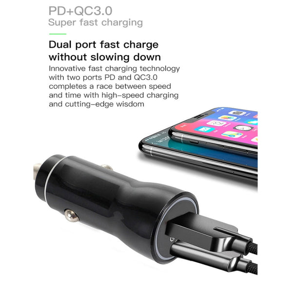P21 PD 20W USB-C / Type-C + QC3.0 18W USB Fast Car Charger with USB to 8 Pin Data Cable Set(White)