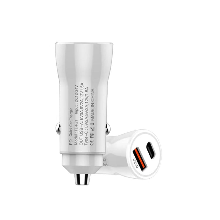 P21 PD 20W USB-C / Type-C + QC3.0 18W USB Fast Car Charger with USB-C / Type-C to 8 Pin Data Cable Set(White)